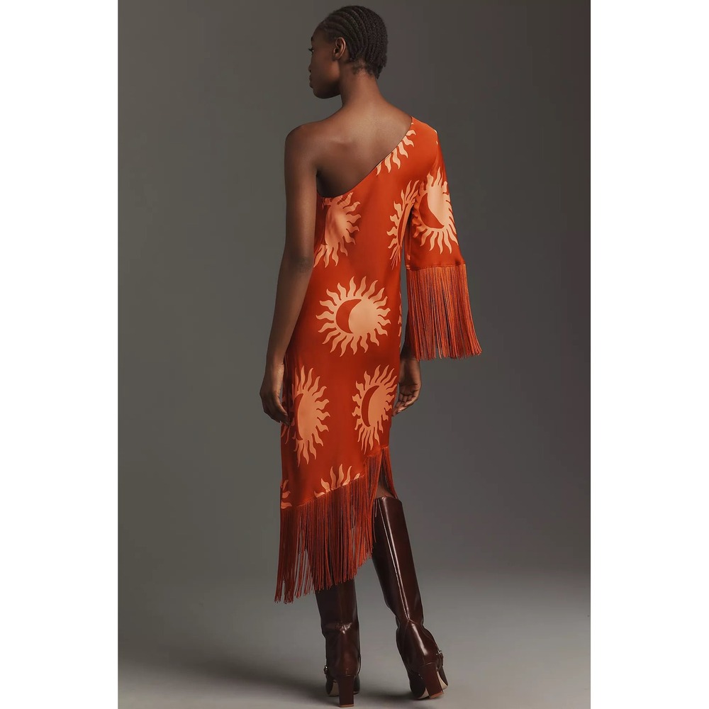 Farm Rio for Anthropologie Sun Motif One Shoulder Fringe Midi Dress Orange L NWT - Picture 2 of 13